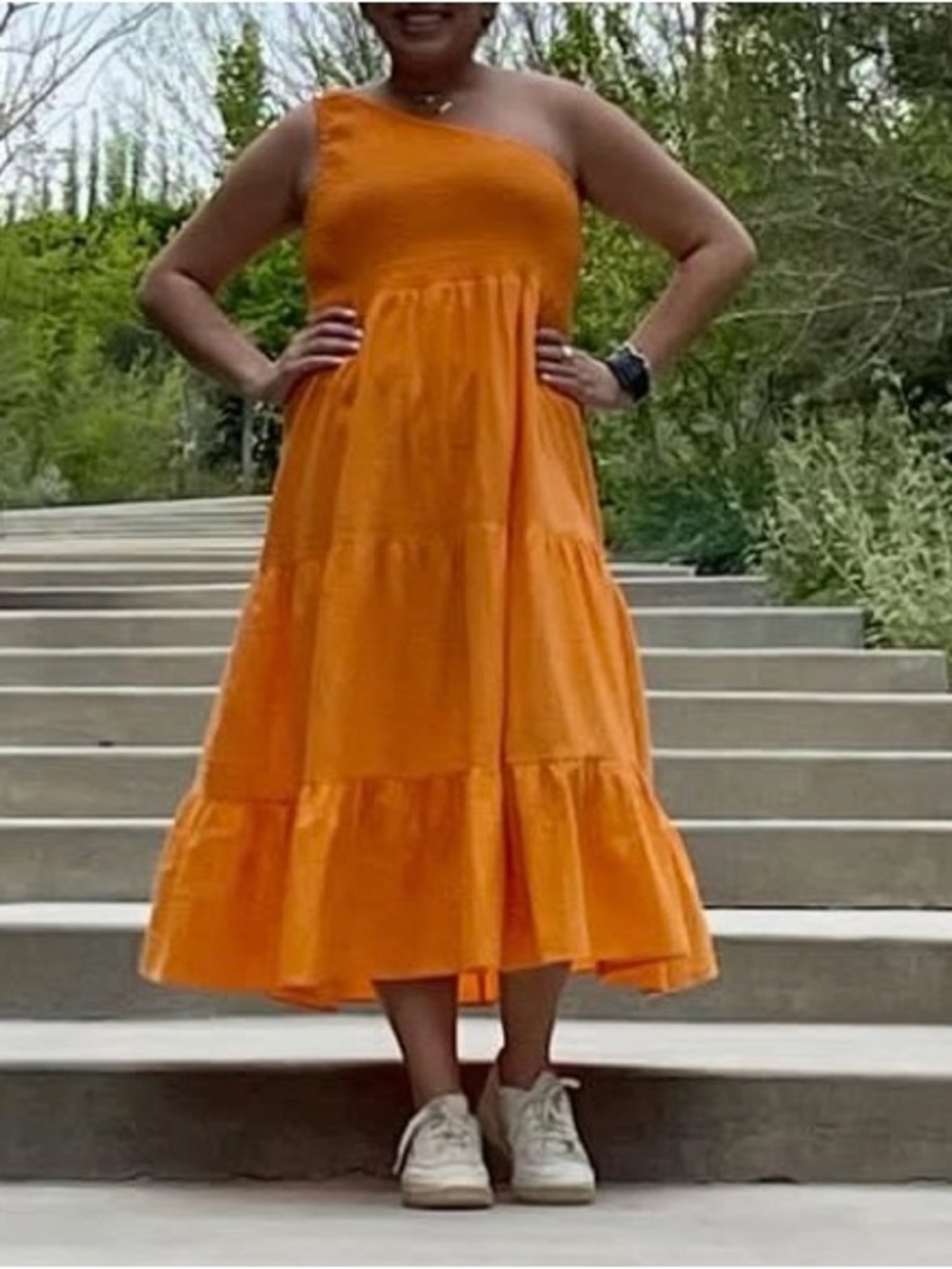 One-Shoulder Orange Tiered Midi Dress